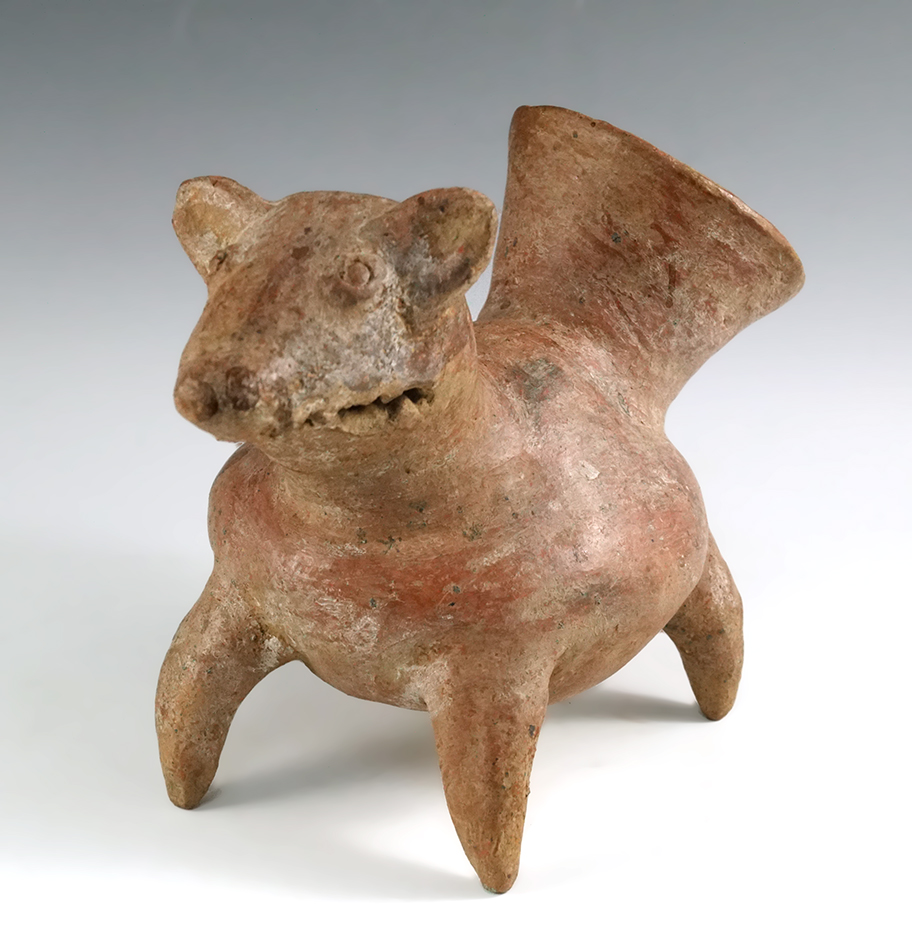 Uniquely styled and well-crafted 8" long canine Effigy Pre-Columbian pottery vessel - nice condition