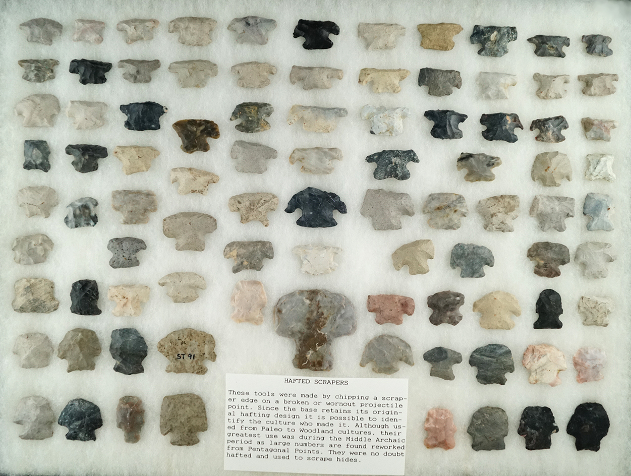 Large group of hafted scrapers found in north central Ohio made from various materials.