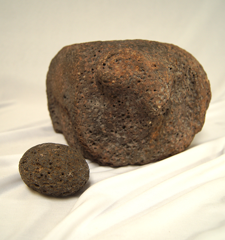 Unique! 5 3/4" Tall by 9 1/2" Long Mortar and Pestle with a double Ram Head Effigy.