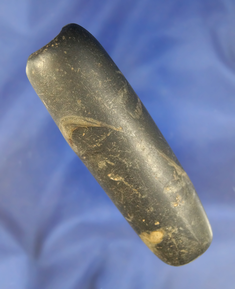 4" Black Slate Tubular Bannerstone with some ancient use damage on the bottom.