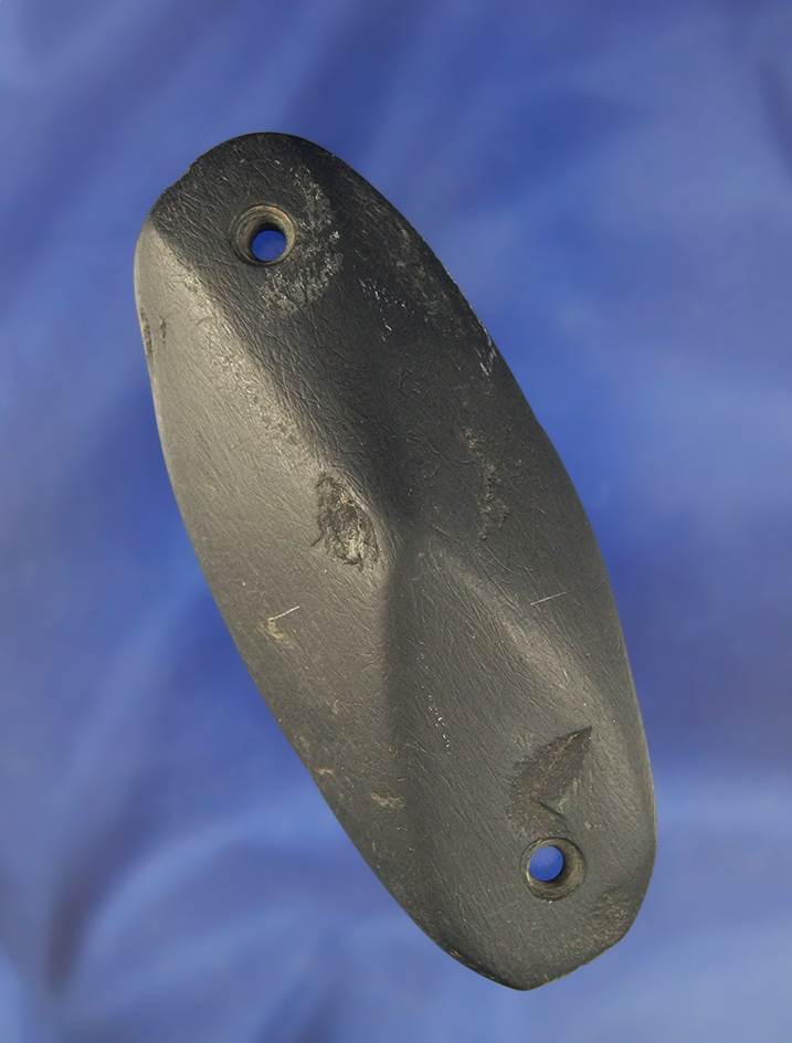 3 3/8" Black Slate Ridged Gorget found in Morrow Co., Ohio.  Ex. N. Ward.  Pictured in WW #9.