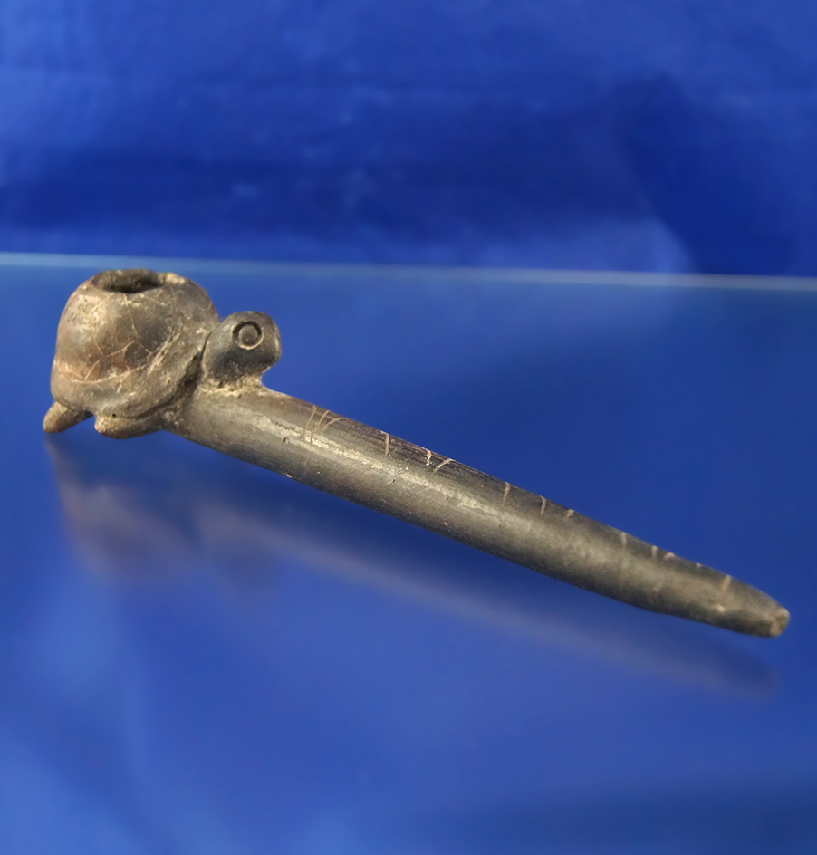 7 1/16" Turtle Effigy Pottery Pipe pictured on page 142 of Lar Hothem's Indian pipes book.