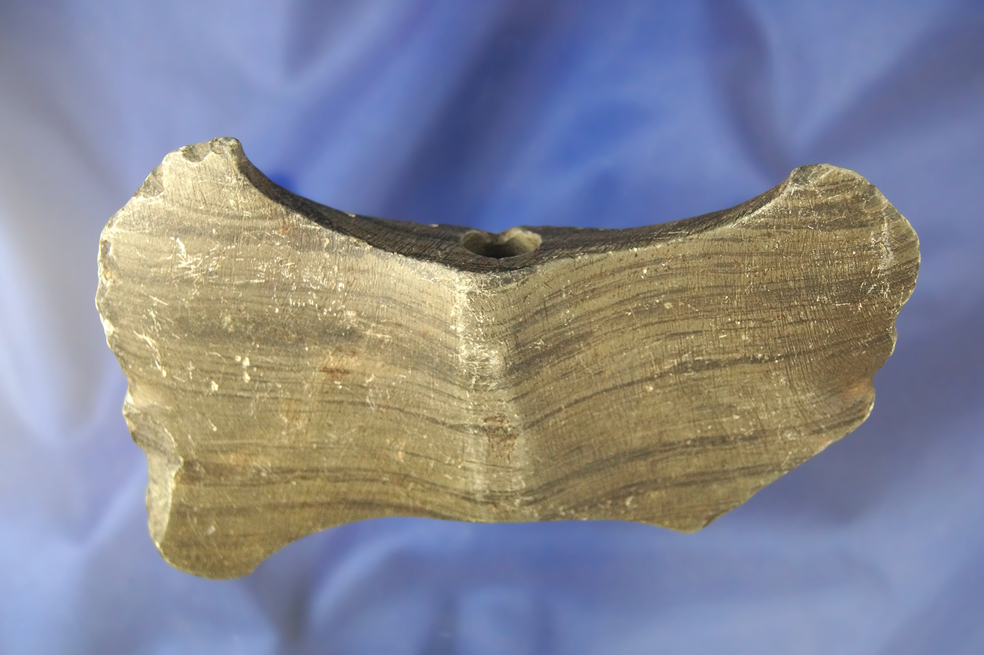 4 3/4" Crescent Bannerstone made from green banded slate found in Indiana. Dickey COA.