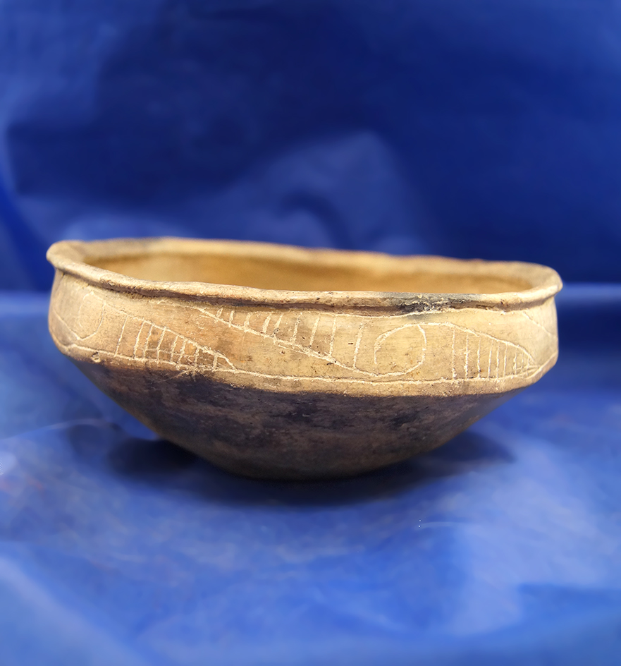 5 5/8" Caddo Barkman engraved Bowl with minimal restoration, found in Bowie Co., Texas.