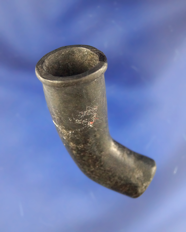 2 3/16" black Steatite Pipe with some restoration to the bowl area found in Kentucky. Pictured