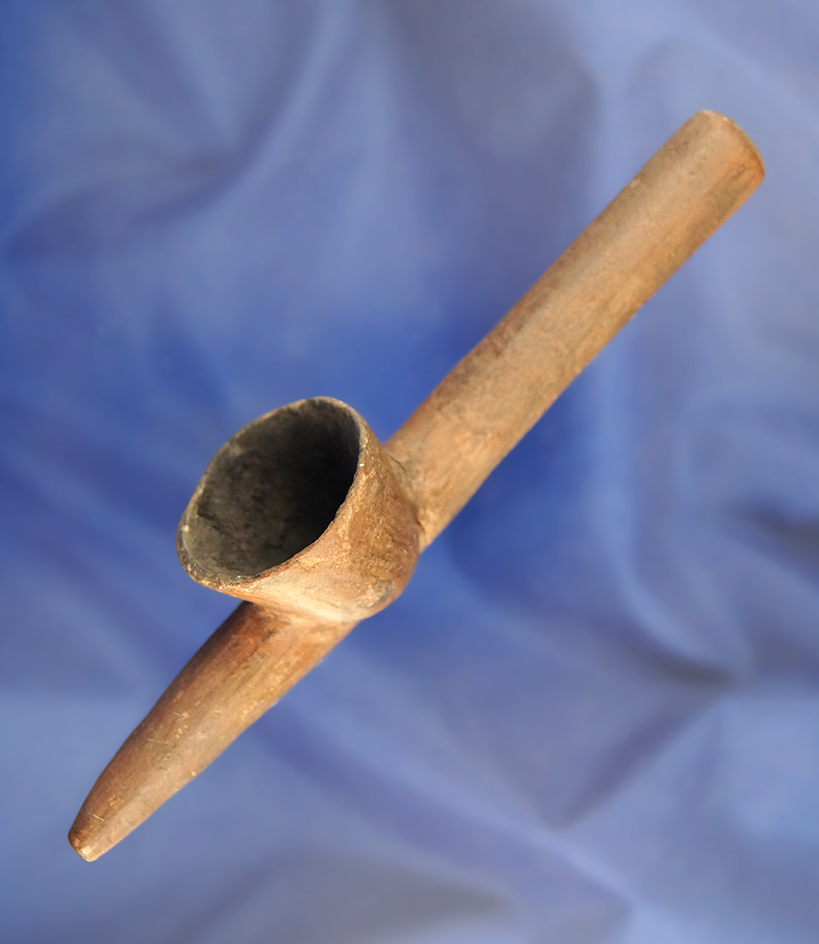 5 5/8" Early Historic period clay pipe found in Virginia.  Stem is broken and glued.