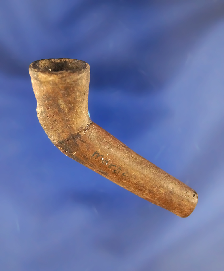 2 5/8" miniature Obtuse Angle Clay Pipe, stem is broken and glued in one spot, found in New York
