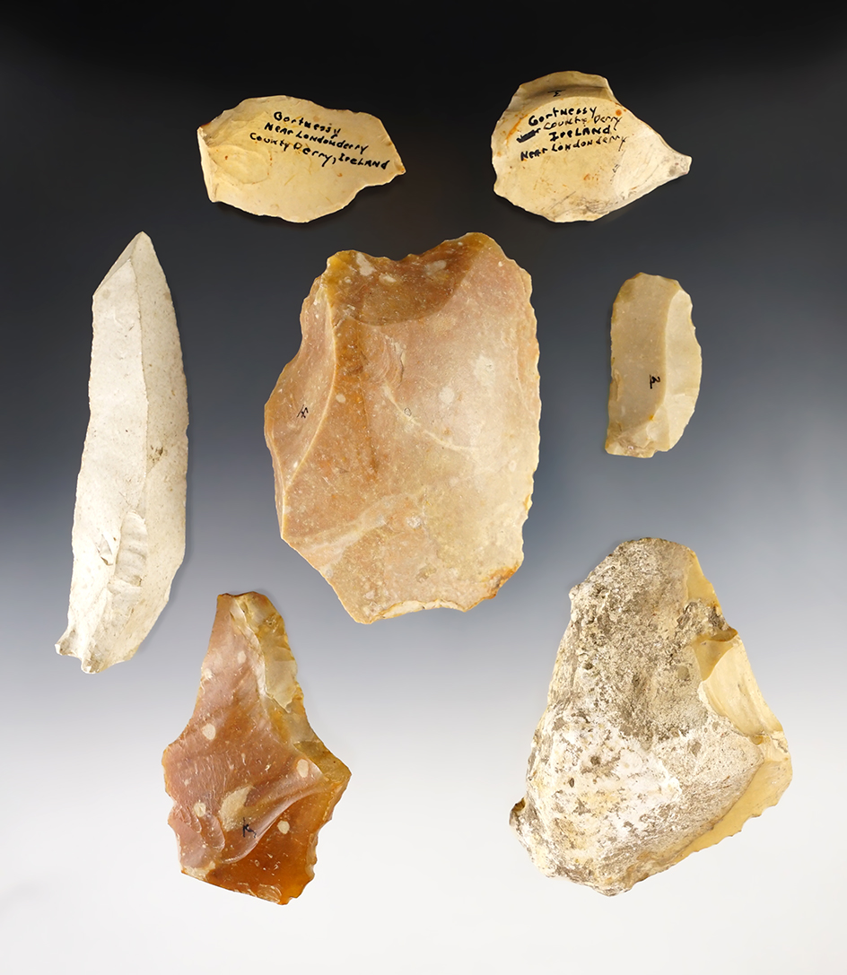 Rare, Set of 7 flint tools- Gortnessy, Northern Ireland. Ex. Sarge Smith. The largest is 3 13/16".