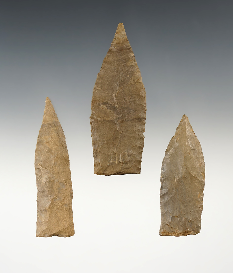 Set of 3 nice Sedalia points found in the Kentucky/Tennessee area. The largest is 3 1/16".
