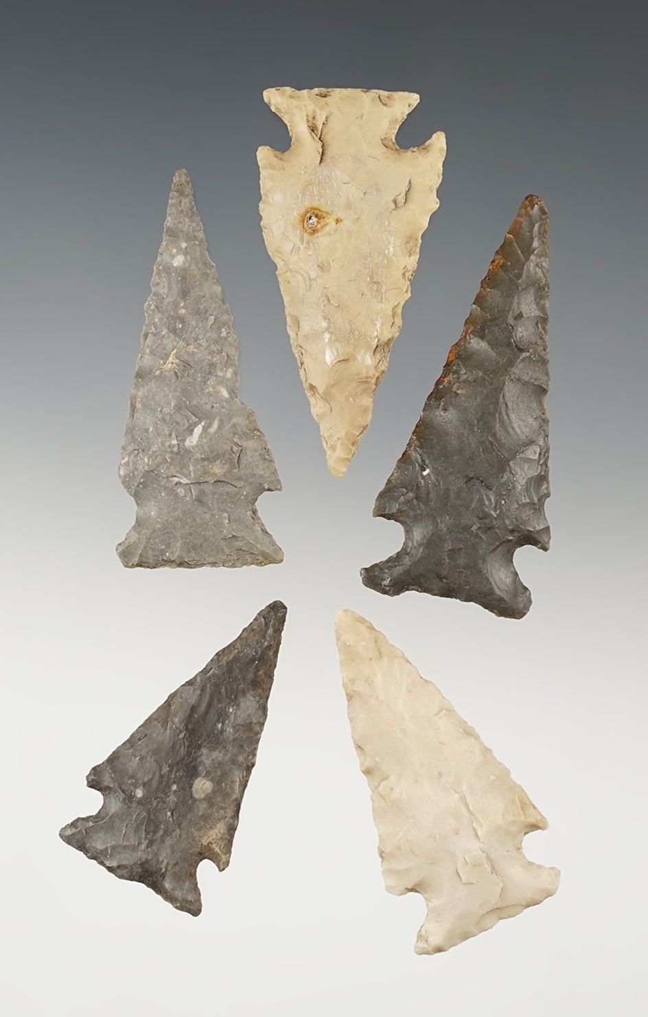 Set of five Ensor points found in Central Texas. Largest is 2 1/4".