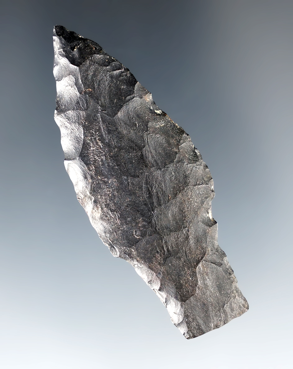 Well made 2 5/16" Stemmed Paleo point found in Malheur Co., Oregon. 