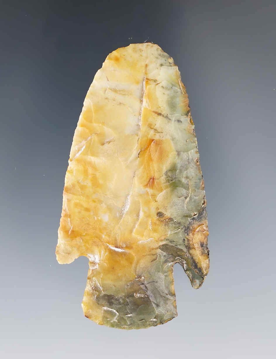 2 1/2" Hardin Blunt made from highly colorful flint. Found in Arkansas.