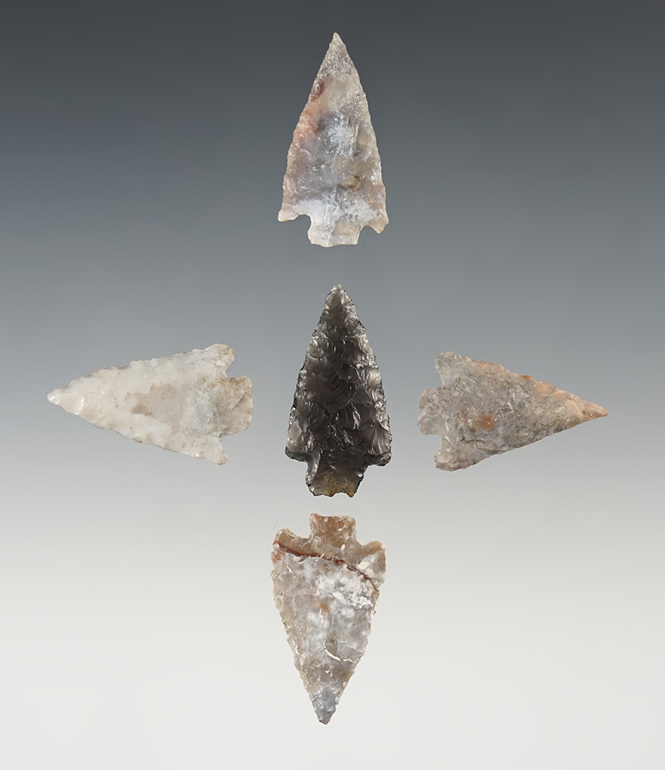 Set of five assorted points found in the western U. S. Largest is 1 5/16".