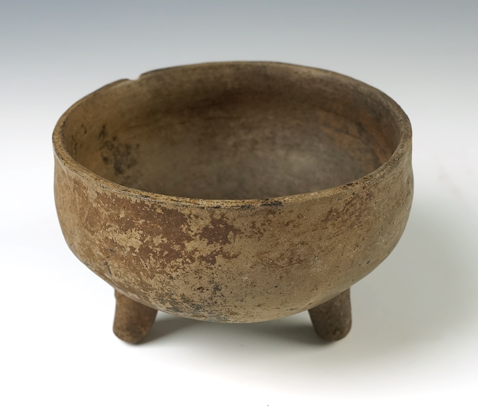 4 3/4" pre-Columbian tri-leg pottery vessel found in Mesoamerica.