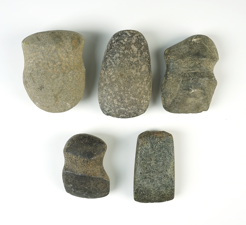 Set of 5 Hardstone Tools including Celts and One Hammerstone. Midwest. Largest is 3 7/16".