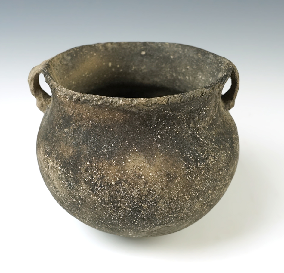 5 1/4" handled jar with piecrust rim- Big Eddy site, St. Francis County AR. 2 restored holes.