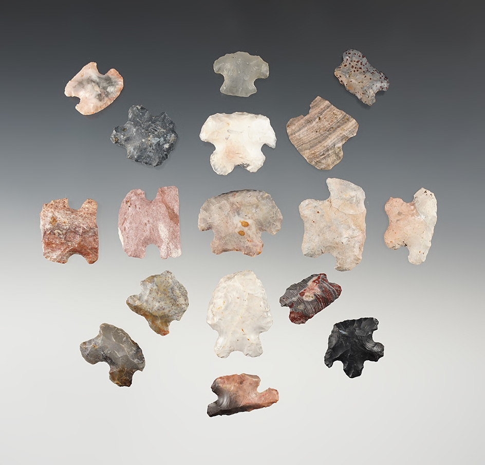 Set of 17 Hafted Scrapers. Many are made from colorful Flint Ridge flint. 