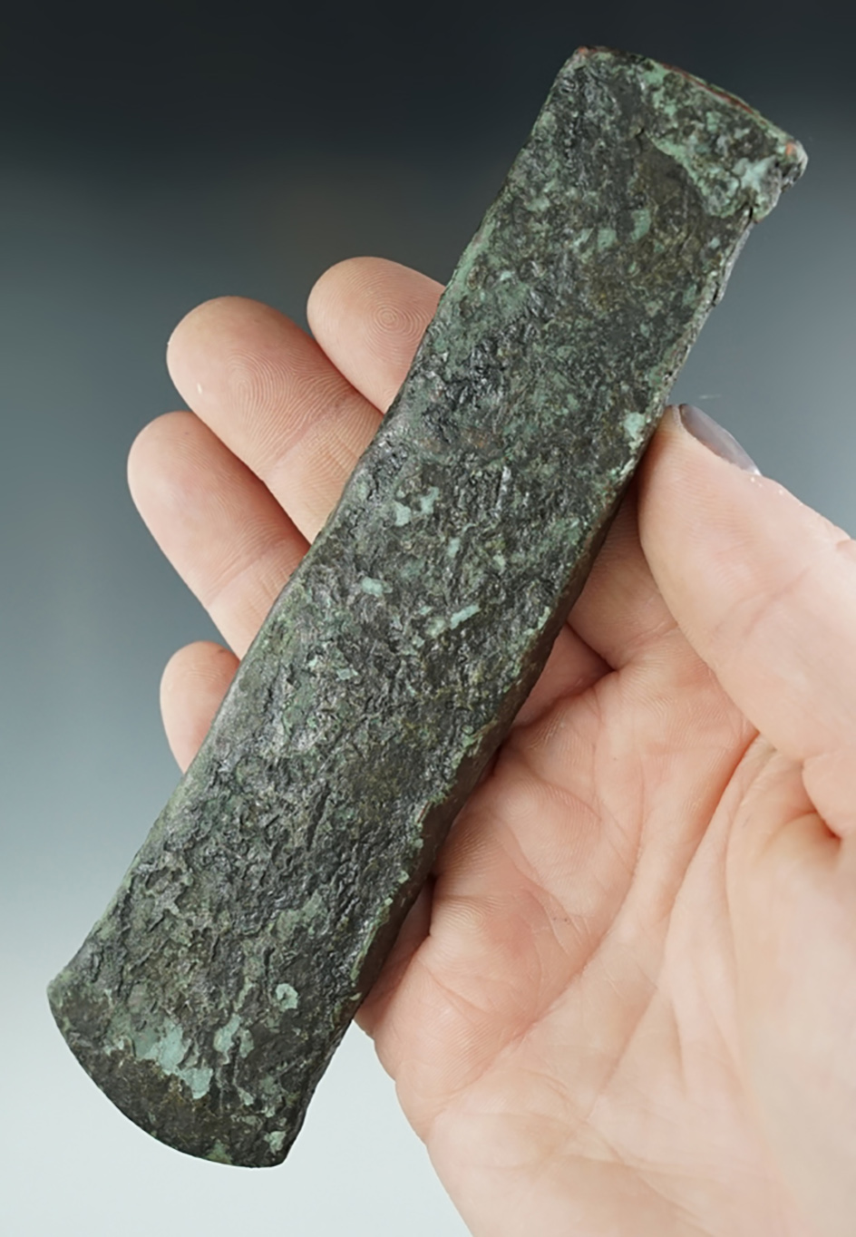 6" Old copper culture chisel is very heavily patinated found in Dodge Co., Wisconsin.