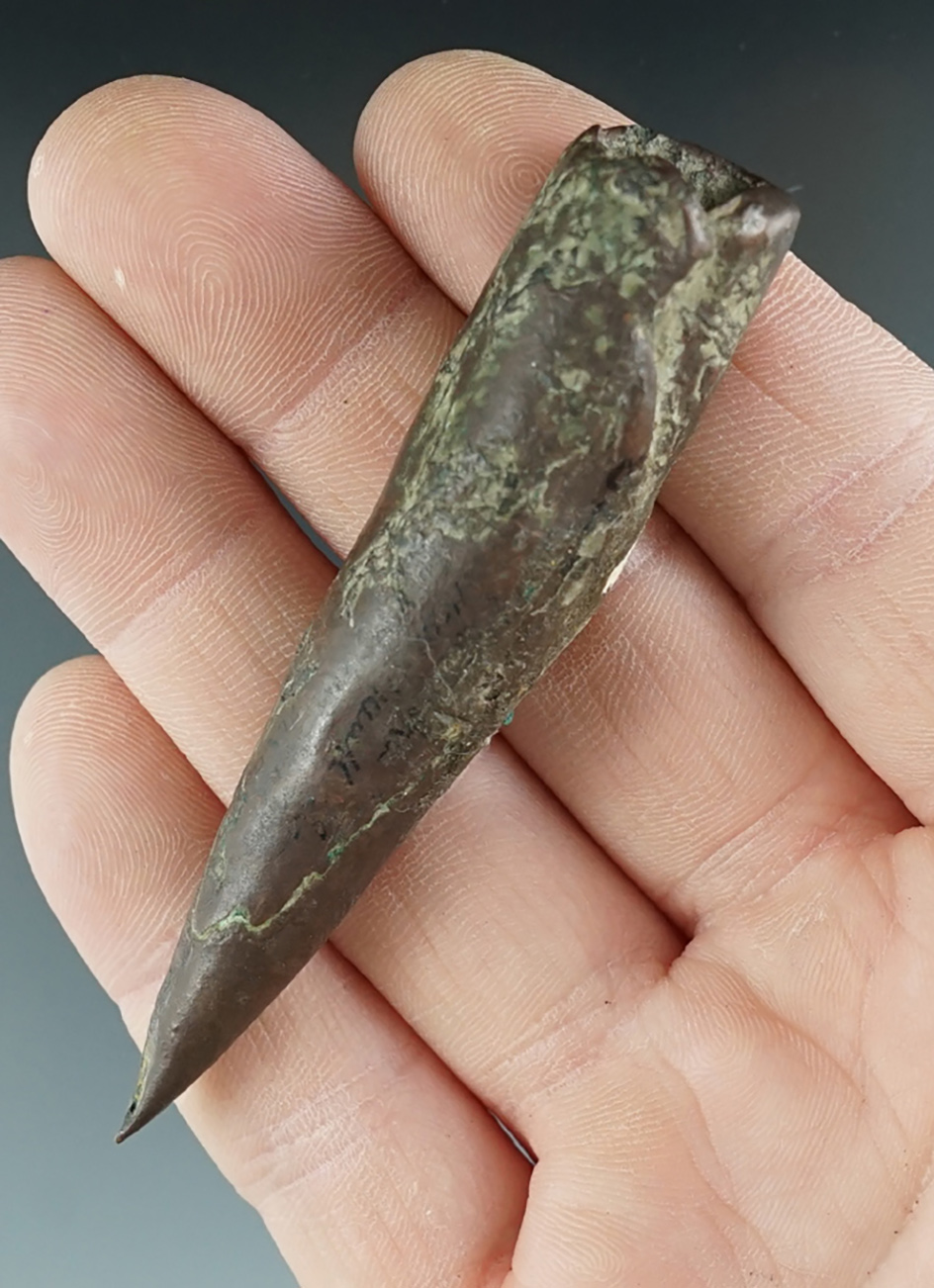 3 1/16" Old copper culture Conical Spear Point found in Marinette Co., Wisconsin.
