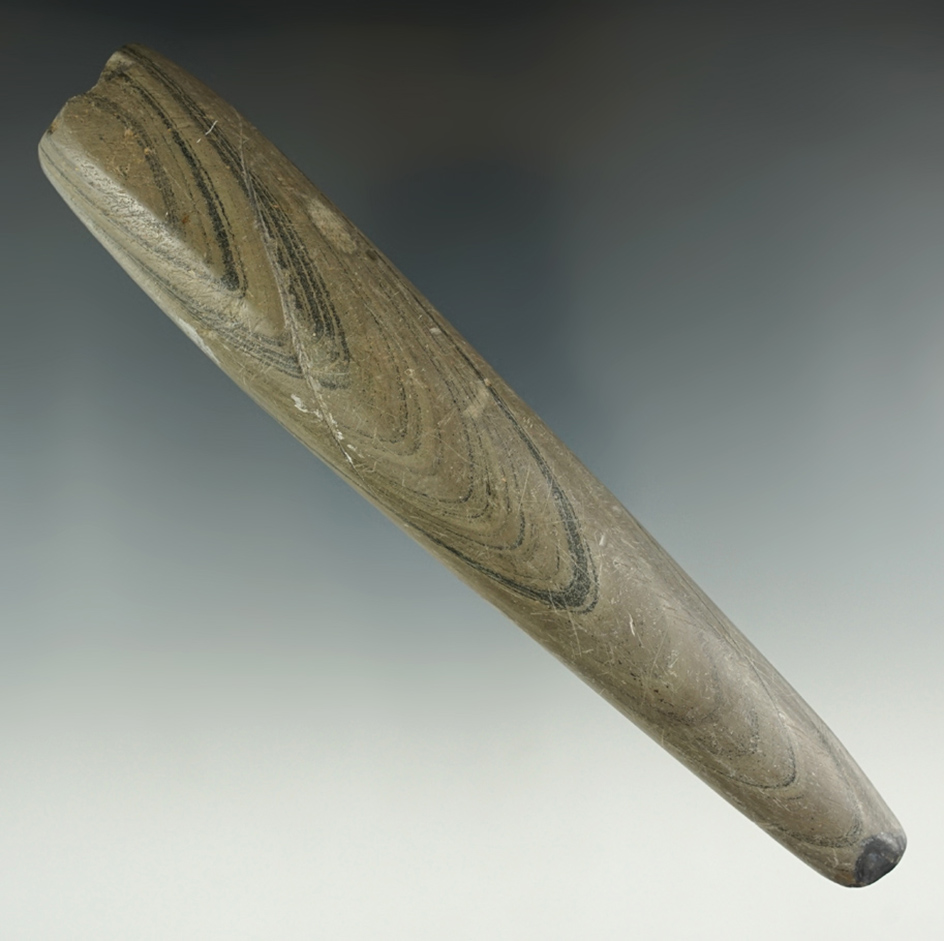 6 1/4" Banded Slate Tube Pipe with some restoration to one end. Ex. Dietz Collection.