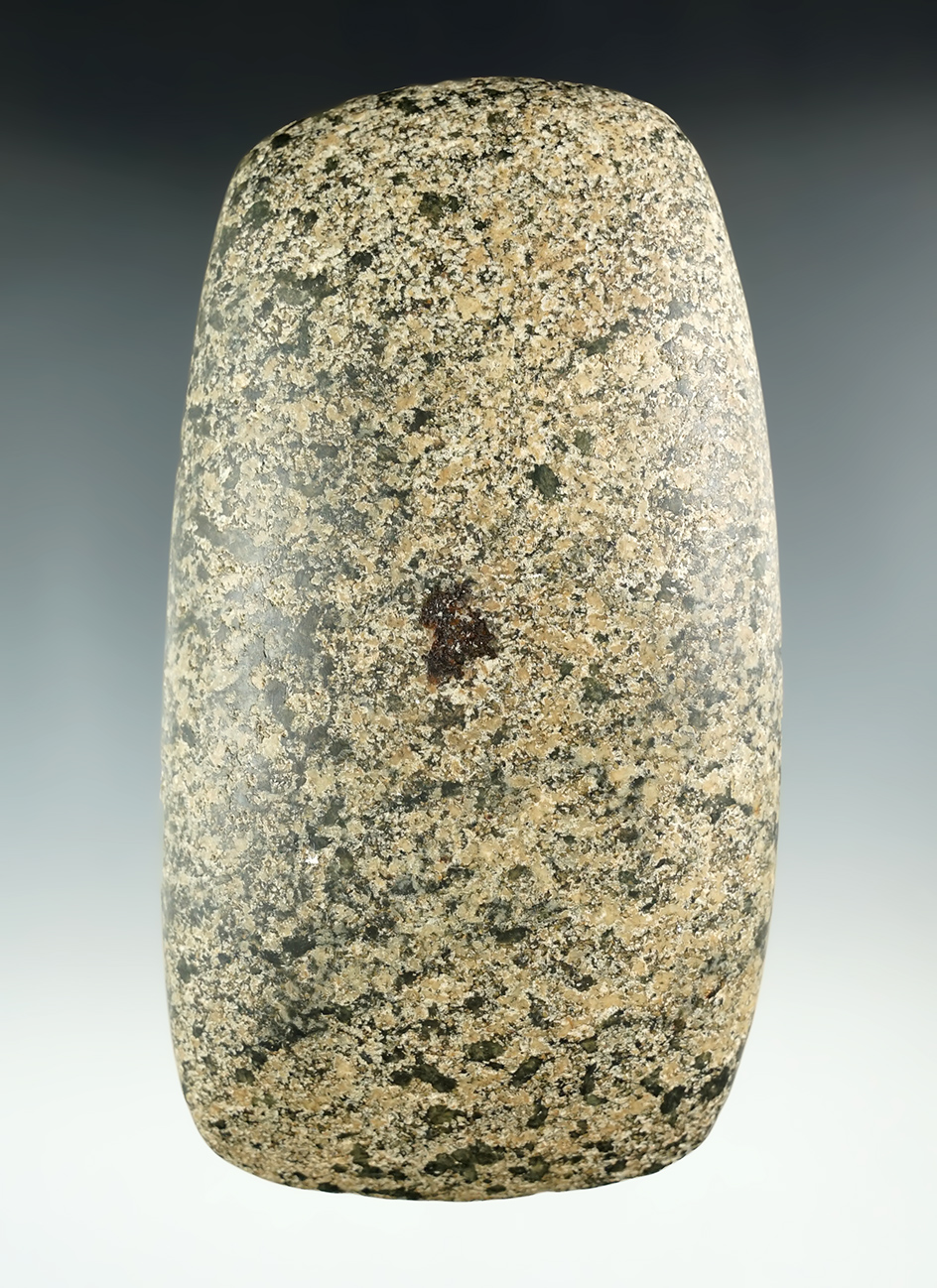 Superb quality on this 5 3/8" speckled granite Celt that is beautifully polished. Ross Co., Ohio.