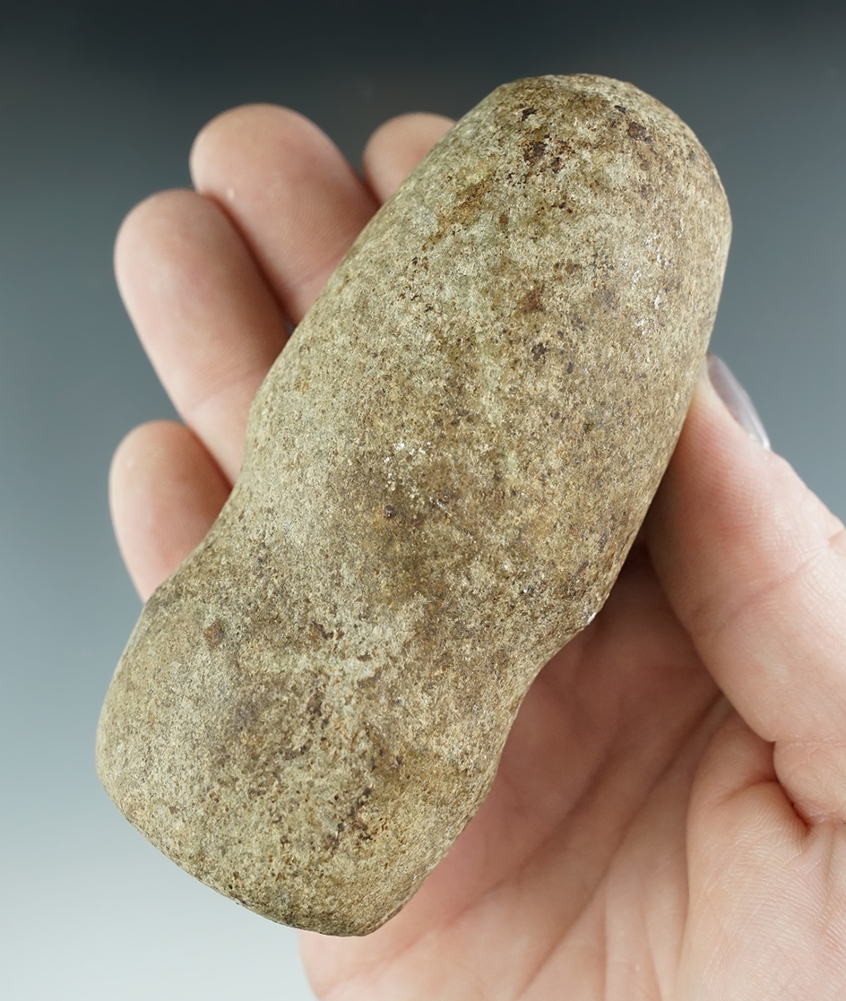 4" Long 3/4 Grooved Hammerstone that is nicely styled found in Ohio.