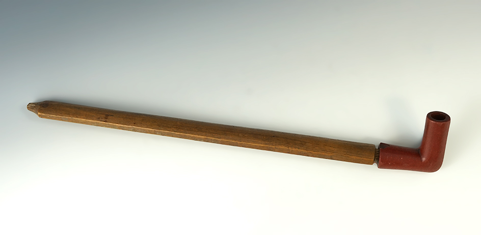 2 1/4" long x 2 3/8" tall Catlinite Pipe with original 14" long pipe stem.Ex. Dale Jones.