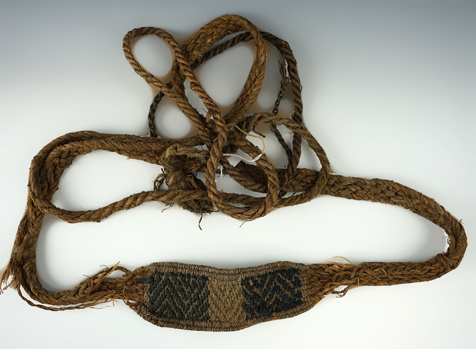 Very old 12 foot + long Burden strap made from woven plant fiber. Area of origin unknown.