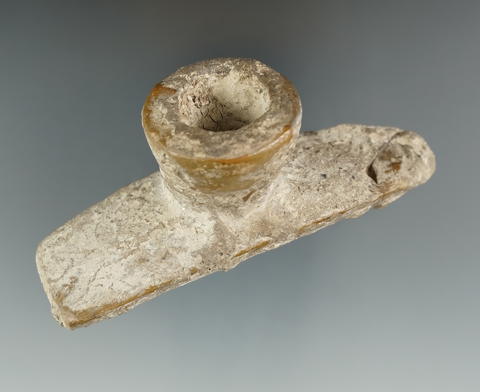 3 7/8" Hopewell Platform Pipe - heavy Caliche deposits. Broken and glued at one end. Indiana. 2 COA'