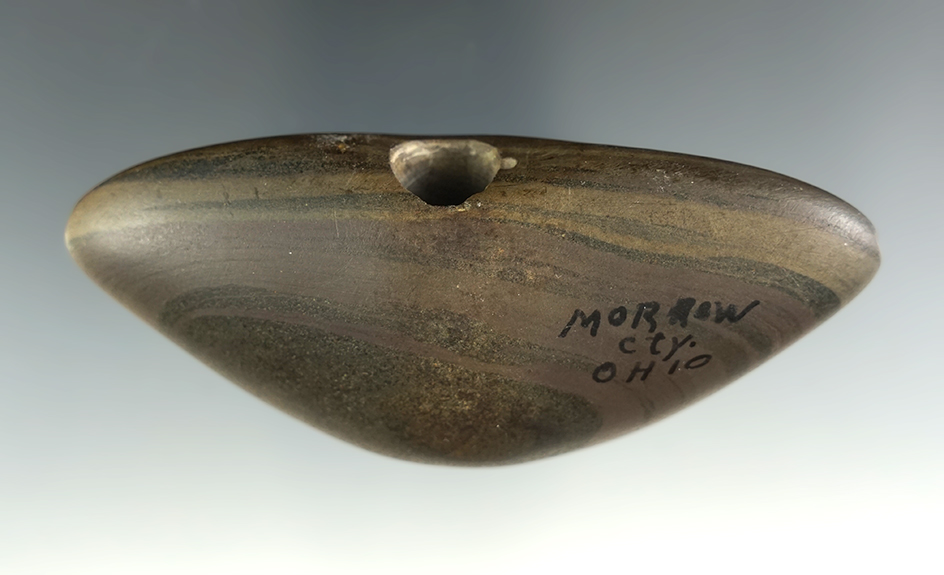 3 5/8" Bannerstone made from brown and black Banded Slate. Found in Morrow Co., Ohio.