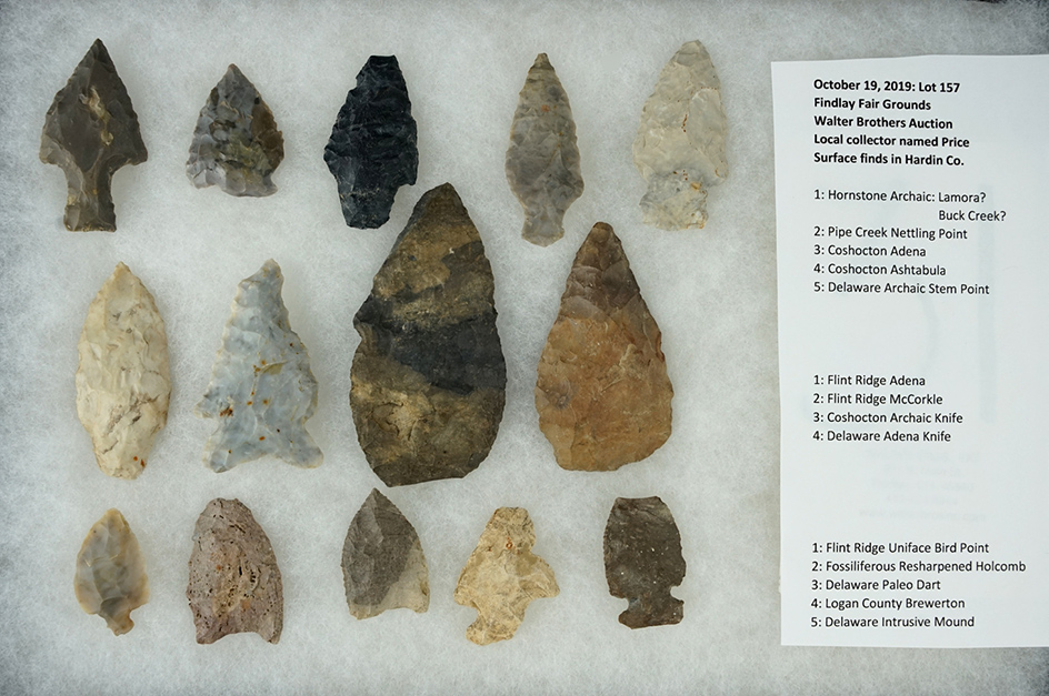 14 surface found Flint artifacts from Hancock Co., Ohio - Flint typology set with an associated list