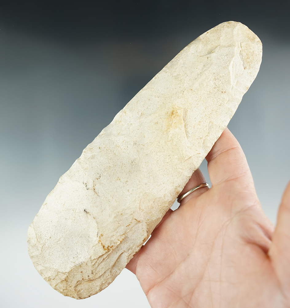 6 7/8" Flint Hoe with nice use polish at bit found in Indiana.