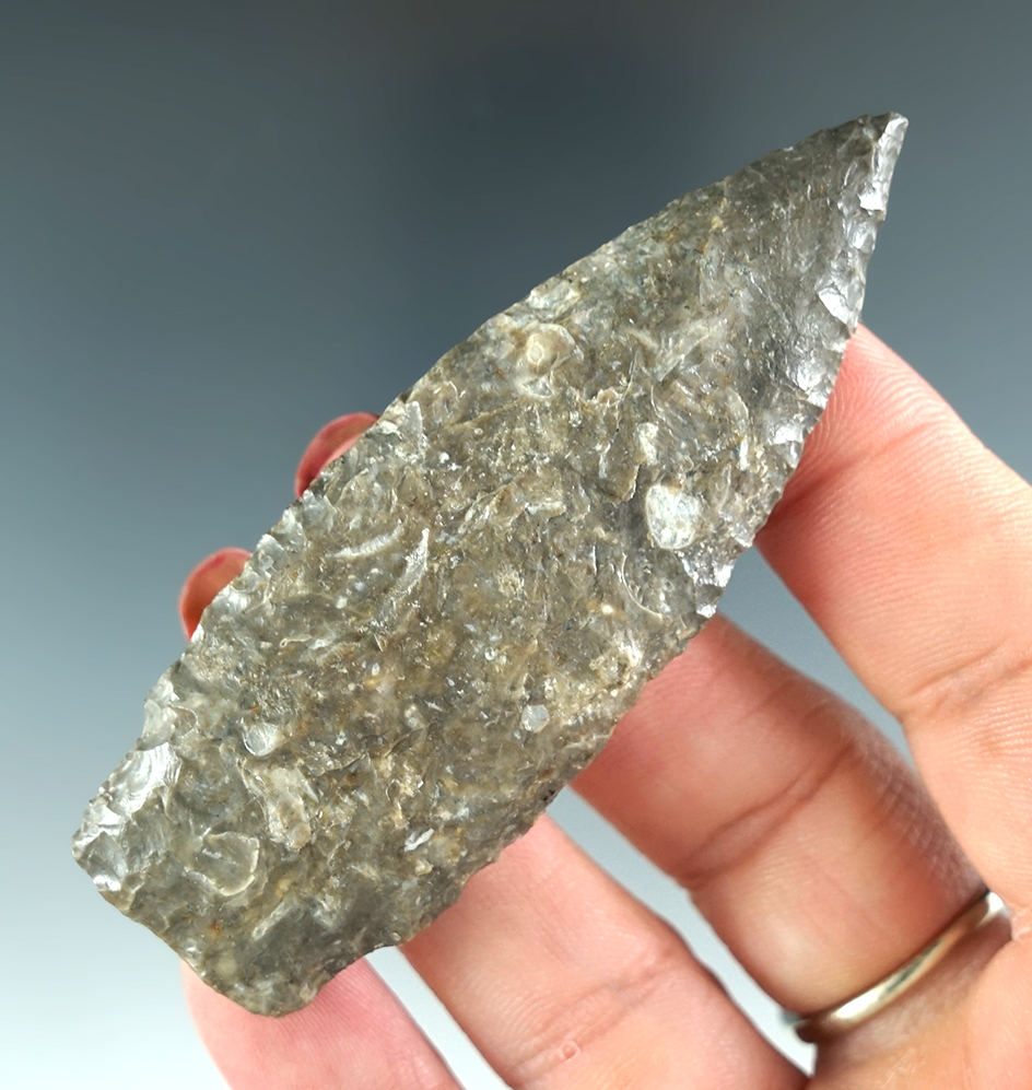 3 1/16" Paleo Kersey made from Foraker Flint. Found in Geary Co., Kansas on June 23, 1999. COA's.