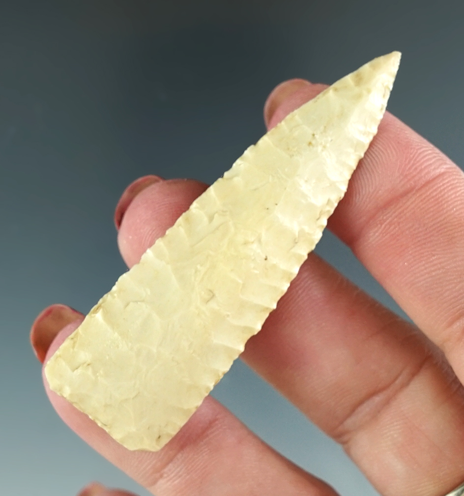 2 3/8" Eden made from cream color chert, found in Logan Co., Colorado. Rogers and Motley COA's.