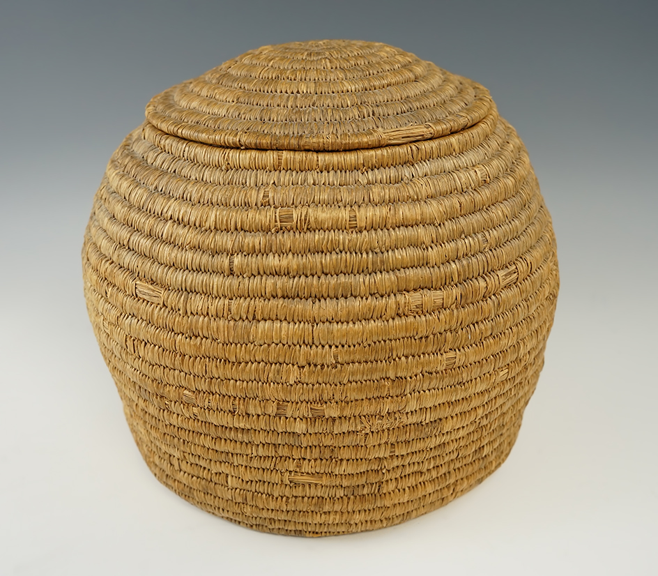 Well made 6" tall x 7" wide Aleutian Island lidded basket from the early 1900's, in nice condition.