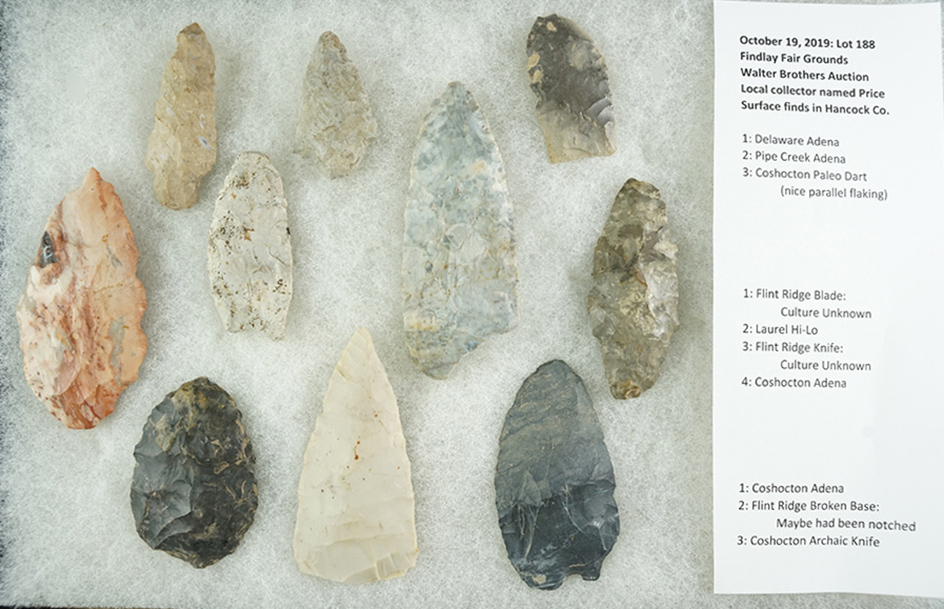 10 surface found Flint artifacts from Hancock Co., Ohio, - Flint typology set with an associated lis