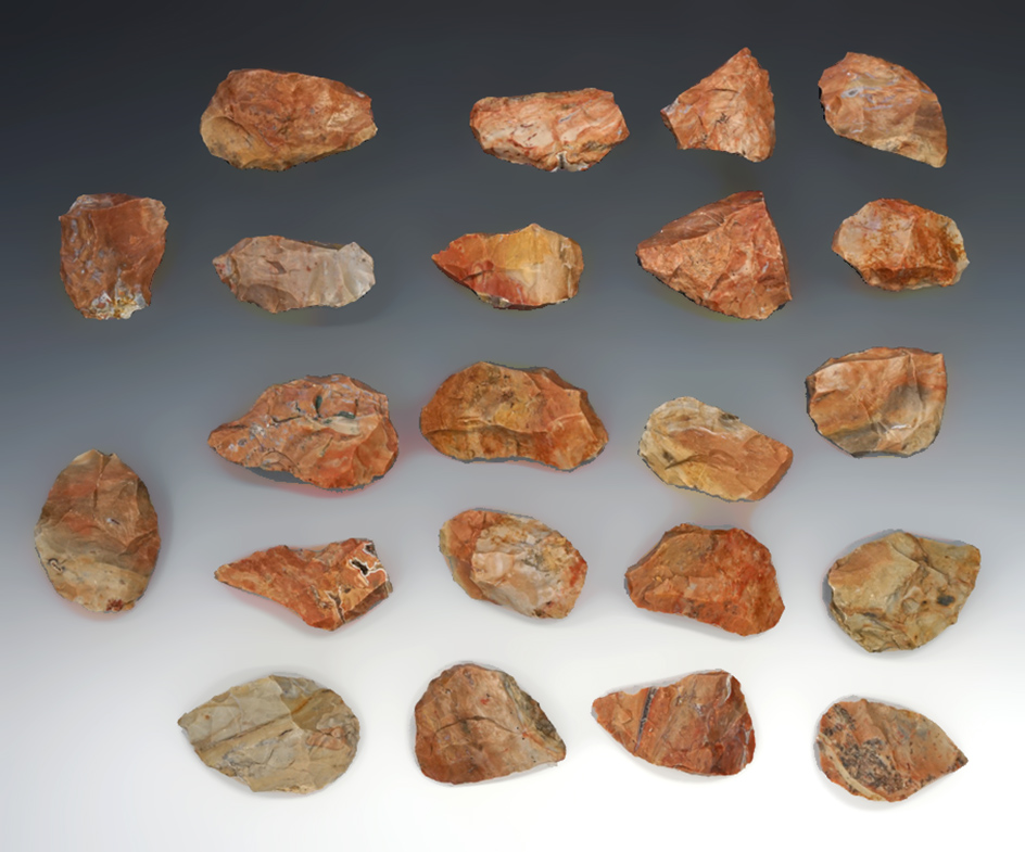 22 Blanks, largest is 4" from the Gray LaDassor cache of 401 cache blanks - Crescent Quarry Flint.