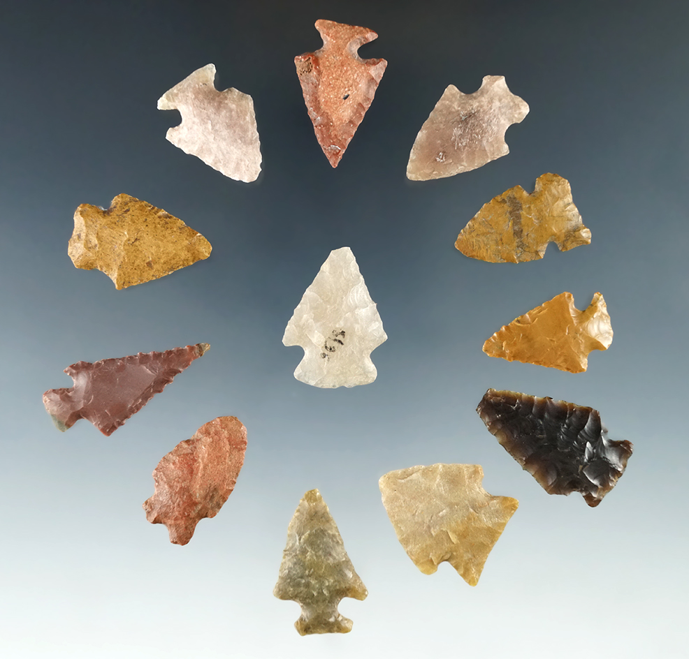 Set of 12 Colorado Arrowheads, largest is 1 1/4". Ex. Bob Roth Collection.