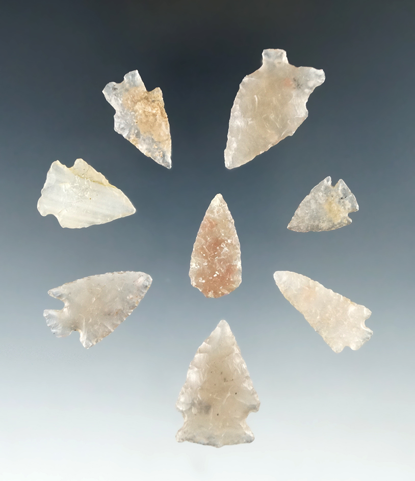 Set of 8 Colorado Arrowheads, largest is 1 3/16". Ex. Bob Roth Collection.