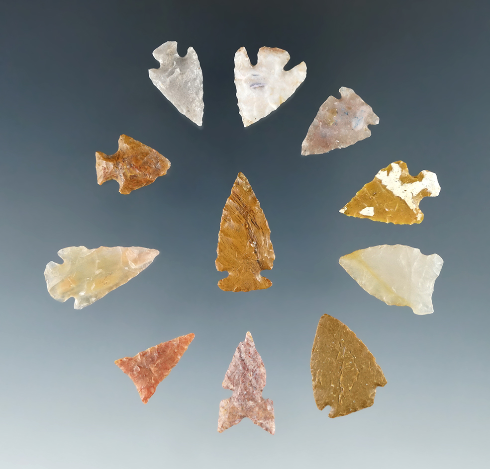 Set of 11 Colorado Arrowheads, largest is 15/16". Ex. Bob Roth Collection.