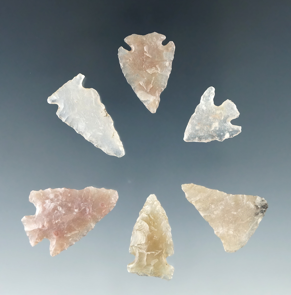 Set of 6 Colorado Arrowheads made from semi-translucent material, largest is 1 1/16".