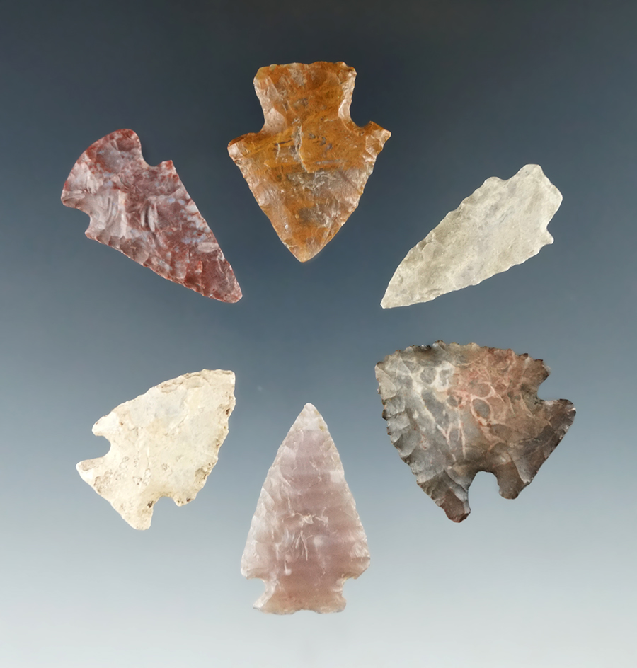 Set of 6 Colorado Arrowheads, largest is 1 5/16". Ex. Bob Roth Collection.