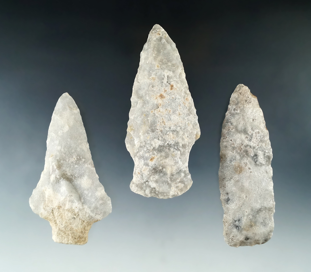 Set of three flaked Knives made from Tallahatta "snowflake Quartz" found in Arkansas.