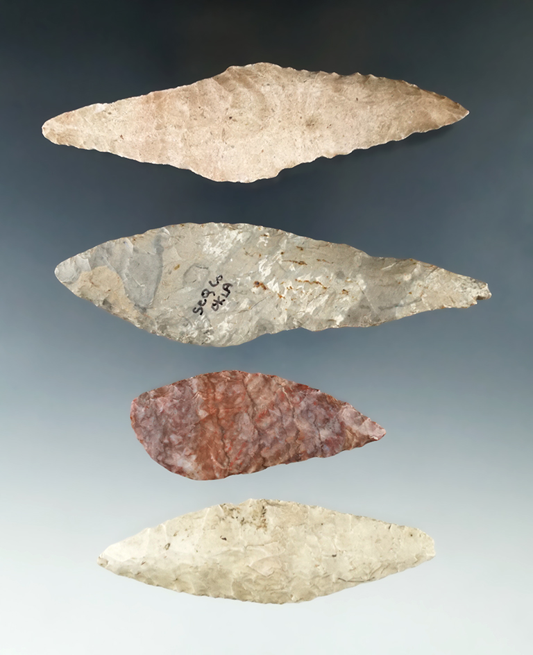 Set of four Harahey Knives found in Kansas and Oklahoma, largest is 4 3/16".