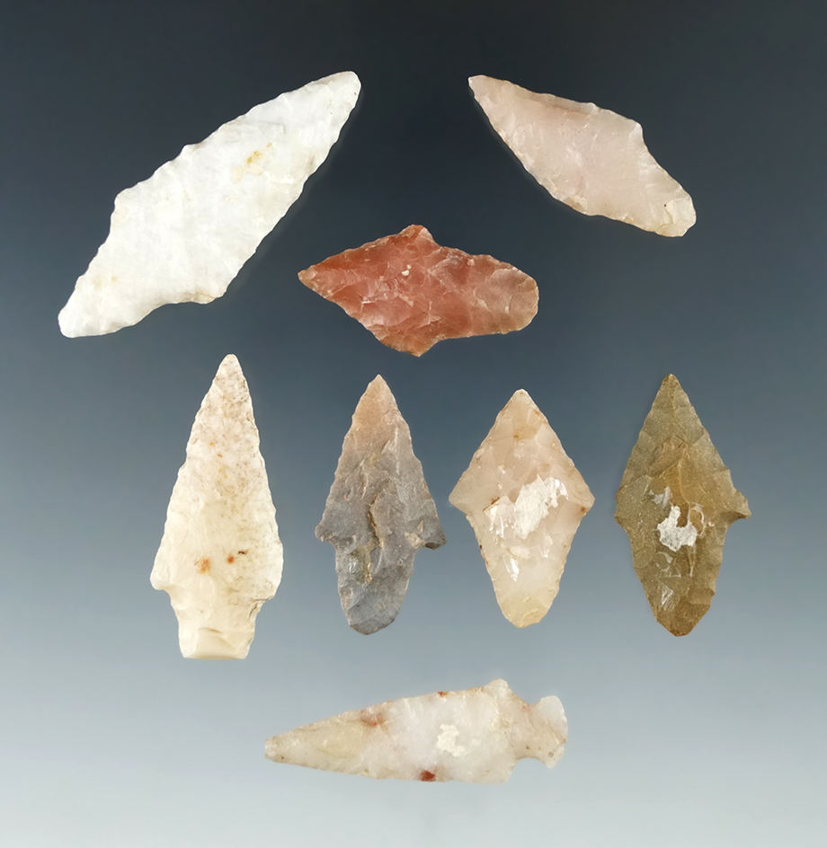 Set of eight assorted arrowheads, largest is 1 15/16". Part of a group found by Glenn McDonald