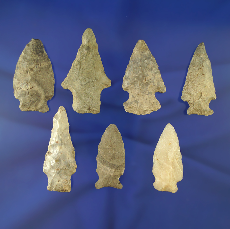 Set of seven assorted arrowheads found in Michigan, largest is 2 1/2". Collected prior to 1950.