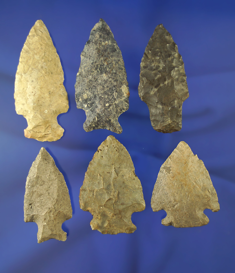 Set of six assorted arrowheads found in Michigan prior to 1950. Ex. Phil Waigel collection.