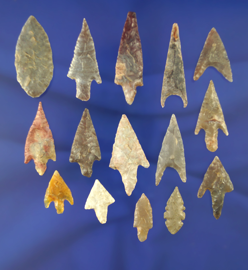 Set of 15 assorted African Neolithic arrowheads, largest is 1 3/4".