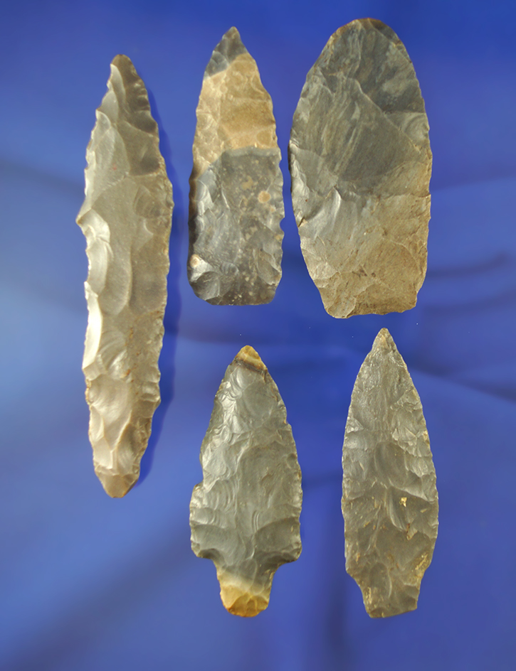 Set of five points and knives found in Kentucky and Tennessee. Largest is 4 1/2".