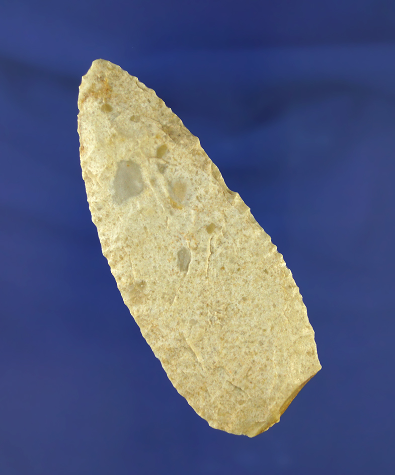 3 5/8" Flint Knife found in Colorado with nice secondary edge work & serrations on the blade edges.